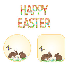 Buttons Happy easter rabbits  and easter egg with butterfly vintage vector illustration