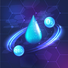 Drop of hyaluronic acid. Vector background cosmetics HUD element. Space design coenzyme q10 background.