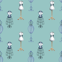 Seamless pattern with watercolor retro mannequins, hand drawn isolated on a dark blue background