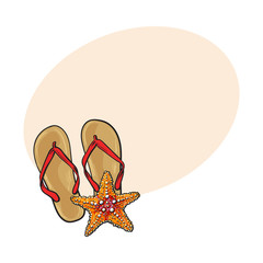 Pair of flip flops and starfish, symbols of beach vacation, sketch vector illustration with place for text. Hand drawn flip flops, sandals and starfish, summer vacation at the beach concept