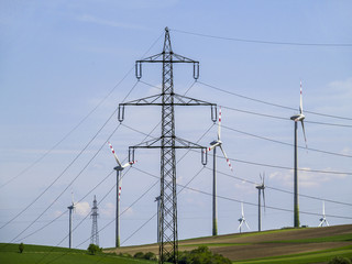 Electricity, power pole, high-voltage line, wind turbines, Austr