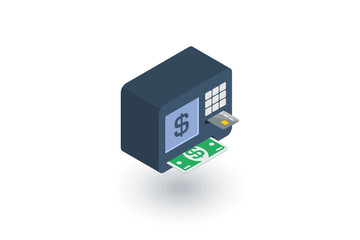 ATM, banking, dollar cash, card money, finance isometric flat icon. 3d vector colorful illustration. Pictogram isolated on white background