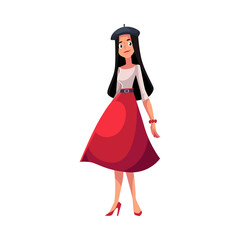 Young French woman dressed in Parisian style, cartoon vector illustration isolated on white background. Full length portrait of Parisian woman in black French beret, midi red skirt and high heels