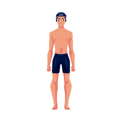 Fototapeta premium Handsome young man, swimmer in swimming suit, cap and goggles, cartoon vector illustration isolated on white background. Front view full length portrait of man, male swimmer in swimming suit