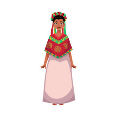 Mexican woman in national clothes, serape shawl and flower crown, head wreath, cartoon vector illustration isolated on white background. Full length portrait of Mexican woman in national clothes