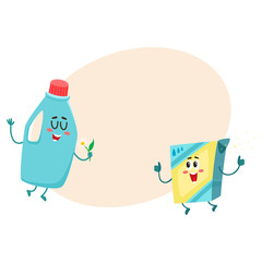 Funny detergent bottle and washing powder characters with smiling human faces, cartoon vector illustration with place for text. Detergent bottle and washing powder characters, laundry objects