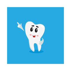 Cute and happy shiny white tooth character pointing to something with finger, isolated cartoon vector illustration. Happy tooth character, mascot, dental health care symbol