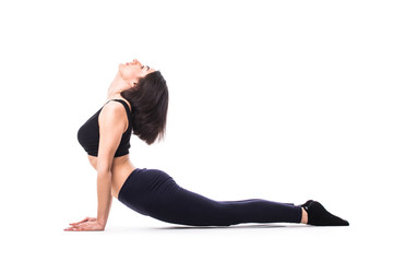 Young woman exercising. Fit sporty brunette doing a plank on yoga mat.