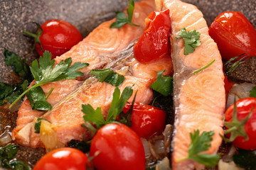  Fried salmon  with vegetables.