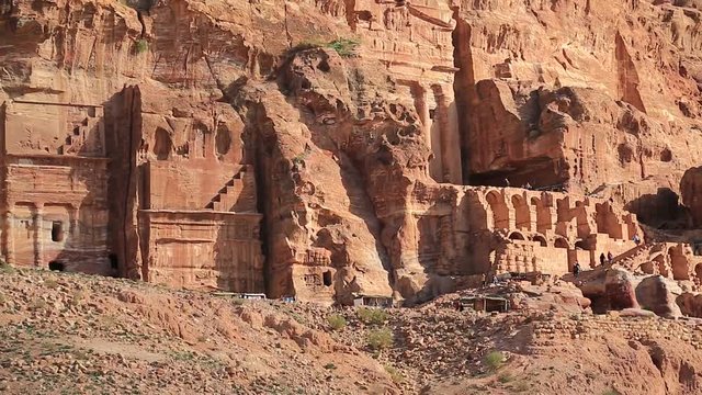 Royal Tombs in Petra - ancient historical and archaeological rock-cut city in Hashemite Kingdom of Jordan. From left to the right - Silk Tomb and Urn Tomb