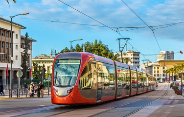 City tram on a street of Casablanca, Morocco