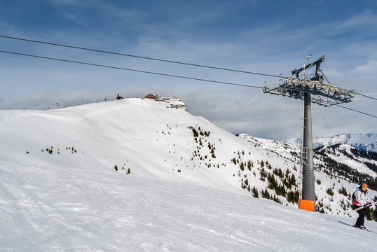 Sunny view of ski slope near Zell am Zee, Austria.