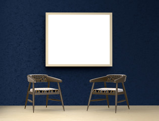 Mock up interior. Blue room with two chairs and a picture. 3d rendering.