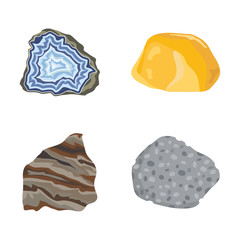 Collectionof semi precious gemstones vector stones and mineral colorful shiny jewelry material agate geology crystal isolated on white background.