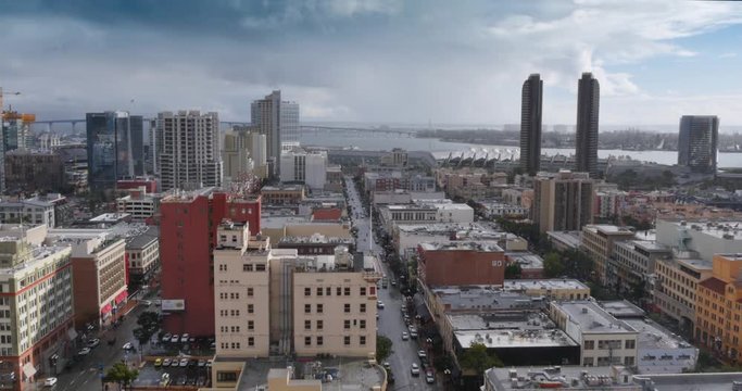 SAN DIEGO, CA - Circa February, 2017 - A high angle view of the San Diego skyline on an overcast, rainy day.	