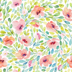 Seamless pattern with  lovely pink flowers. Watercolor illustration. Composition with floral elements.