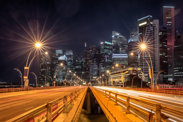 Fototapeta na wymiar Light trails in the financial district of Singapore