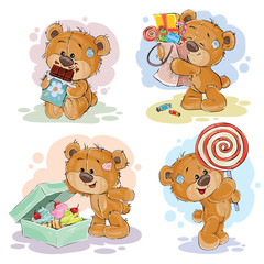 Funny illustrations with teddy bear on the theme of love for sweets
