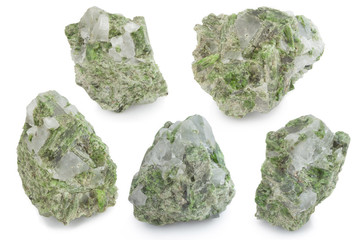 green mineral of clorite and quartz in white background
