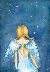 Angel in the night sky. Starry night sky. Space. Constellation Apus - Bird of Paradise. Watercolour picture. - 139092001