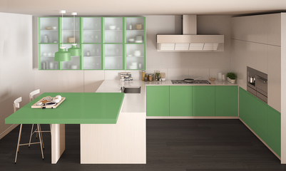 Classic minimal white and green kitchen with parquet floor, modern interior design