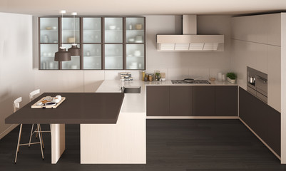 Fototapeta na wymiar Classic minimal white and brown kitchen with parquet floor, modern interior design