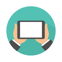 Hand holding tablet icon with blank screen and long shadow. Horizontal view. Flat design