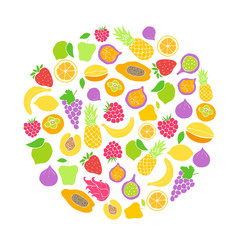 Vector frame of hand drawn fruit and berries icons. Doodle set of different colored cut fruits and berries. Healthy food. Exotic fruits. Collection of fruits and berries in frame