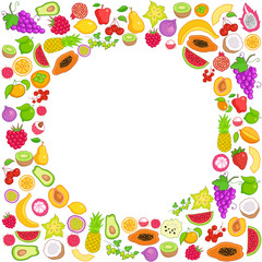 Vector frame of hand drawn fruit and berries icons. Doodle set of different colored cut fruits and berries. Healthy food. Exotic fruits. Collection of fruits and berries in frame