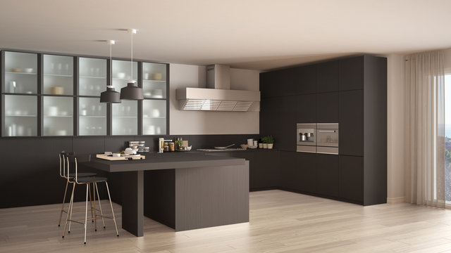 Classic minimal gray kitchen with parquet floor, modern interior design
