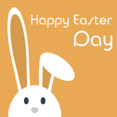 Cute happy easter day bunny in flat style on orange background.Happy easter day greeting card with funny cartoon rabbit character.