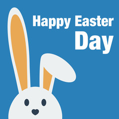 Cute happy easter day bunny in flat style on blue background.Happy easter day greeting card with funny cartoon rabbit character.