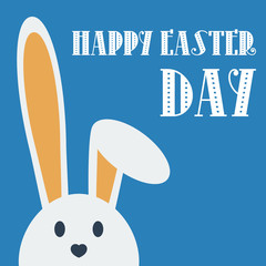 Cute happy easter day bunny in flat style on blue background.Happy easter day greeting card with funny cartoon rabbit character.