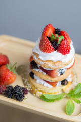 Beautiful women hold a mix berry cake in hand close up