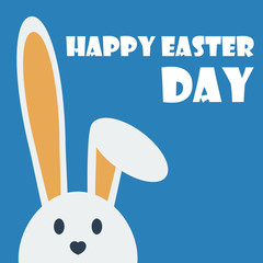 Cute happy easter day bunny in flat style on blue background.Happy easter day greeting card with funny cartoon rabbit character.