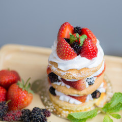 Beautiful women hold a mix berry cake in hand close up