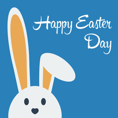 Cute happy easter day bunny in flat style on blue background.Happy easter day greeting card with funny cartoon rabbit character.