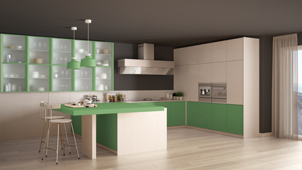 Classic minimal white and green kitchen with parquet floor, modern interior design