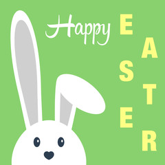 Cute happy easter day bunny in flat style on green background.Happy easter day greeting card with funny cartoon rabbit character.