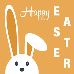 Cute happy easter day bunny in flat style on orange background.Happy easter day greeting card with funny cartoon rabbit character.