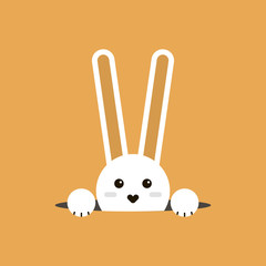 Cute  little rabbit cartoon character looking out of a hole for your easter day greeting card design.Easter day greeting card design with flat little bunny character looking out of a hole.