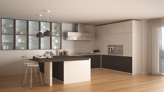 Classic minimal white and brown kitchen with parquet floor, modern interior design