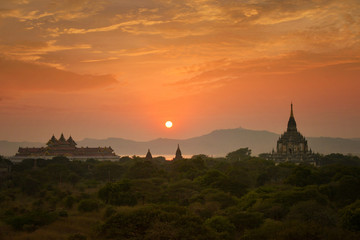 The silhouette Ancient temple on during sunset ,Bagan Mandalay Myanmar