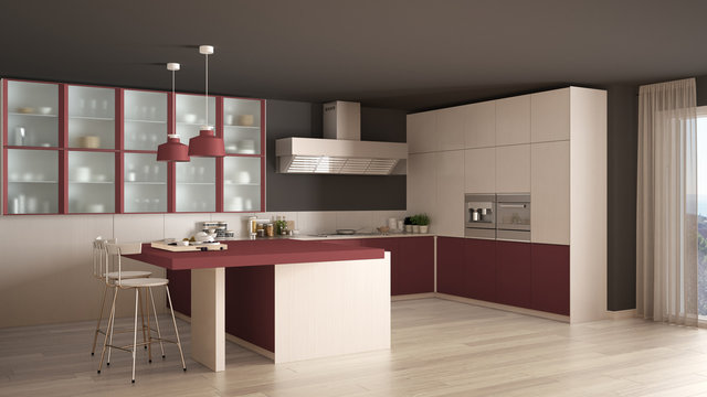 Classic minimal white and red kitchen with parquet floor, modern interior design