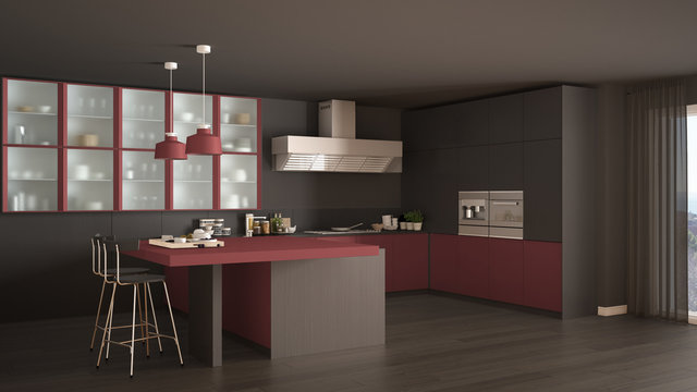 Classic minimal gray and red kitchen with parquet floor, modern interior design