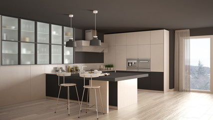 Classic minimal white and gray kitchen with parquet floor, modern interior design