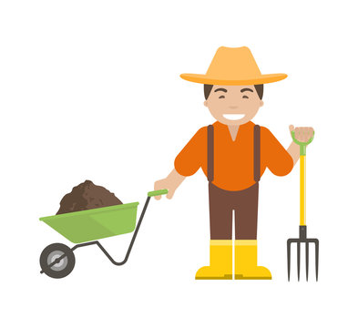 Farmer or Gardener Holding a Pitchfork and Wheelbarrow