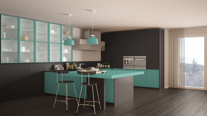 Classic minimal gray and turquoise kitchen with parquet floor, modern interior design