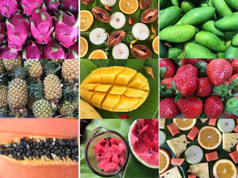 Set of patterns with fruits. Collection of tropical fruits.