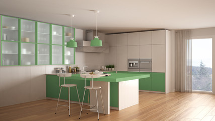 Classic minimal white and green kitchen with parquet floor, modern interior design